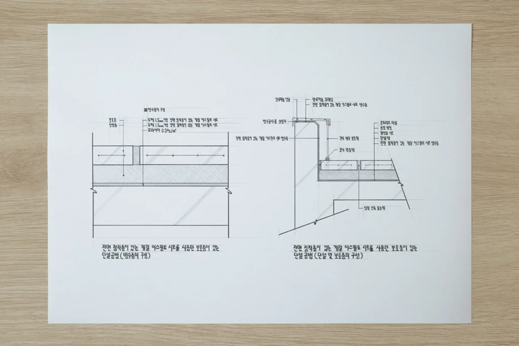 개질 아스팔트 시트 방수 상온점착공법의 구성(보호층 + 밀착공법 + 단열공법)